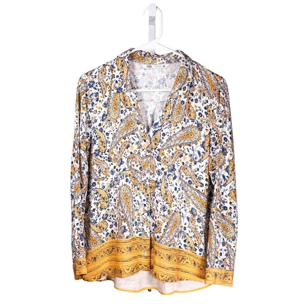 Zara Women's Shirt Button Up White Yellow Paisley Floral Blouse Boho Top Size M